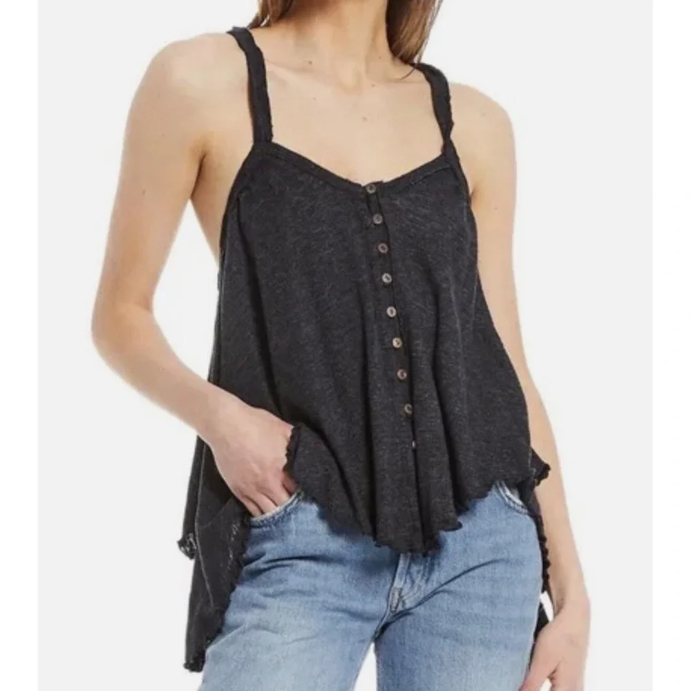 We The Free Free People‎ Medium Gray Button Front Shark Bite Hem Cami Tank